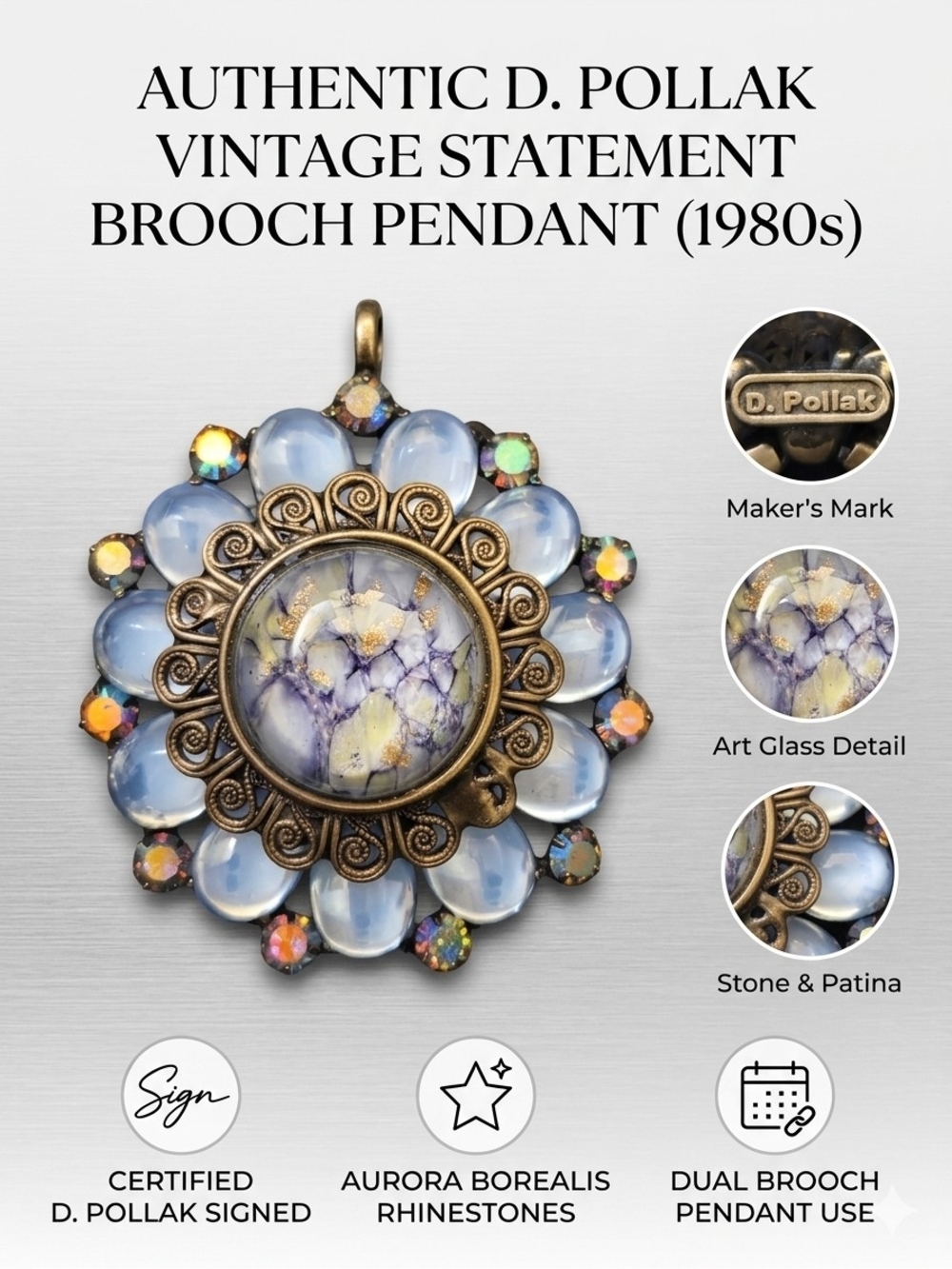 Blue Art Glass Floral Statement Brooch Pendant